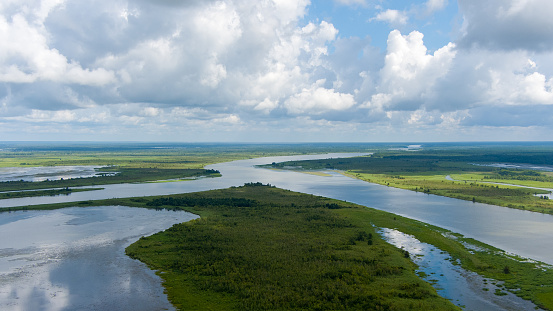 Aerial view of Big Island between Apalachee and Blakeley rivers in Spanish Fort, Alabama