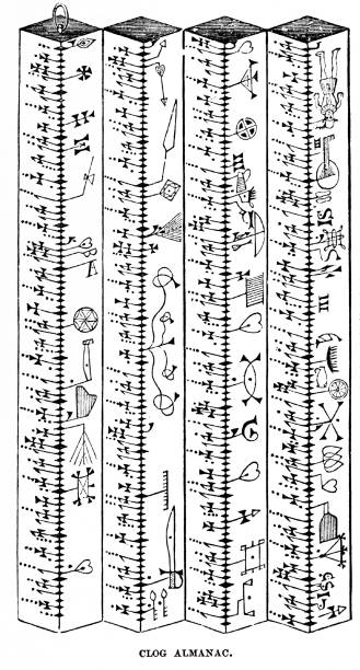 Clog Almanac, Calendar, Time Measurement A clog almanac is a block of wood on which weekdays, Sundays and saints' days are marked by curved notches and symbols associated with Catholic saints. Illustration published 1863. Source: Original edition is from my own archives. Copyright has expired and is in Public Domain. illiteracy stock illustrations