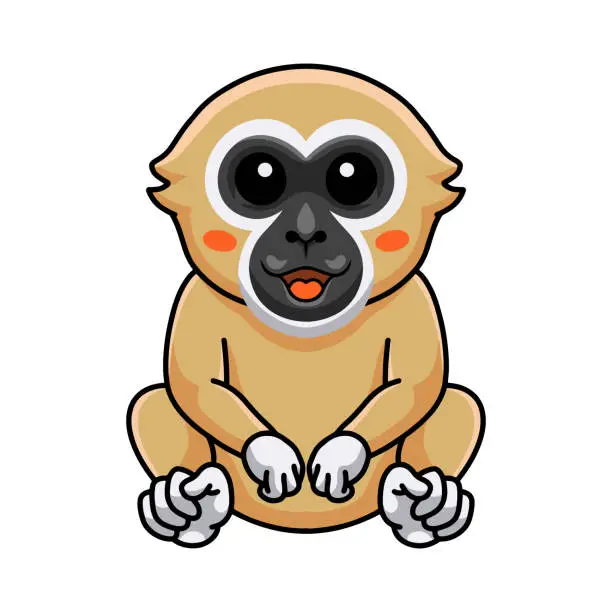 Vector illustration of Cute white handed gibbon monkey cartoon sitting