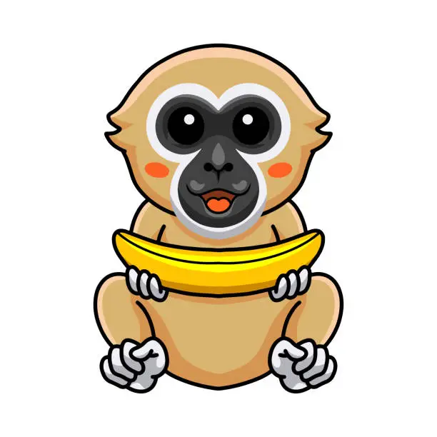 Vector illustration of Cute white handed gibbon monkey cartoon holding a banana