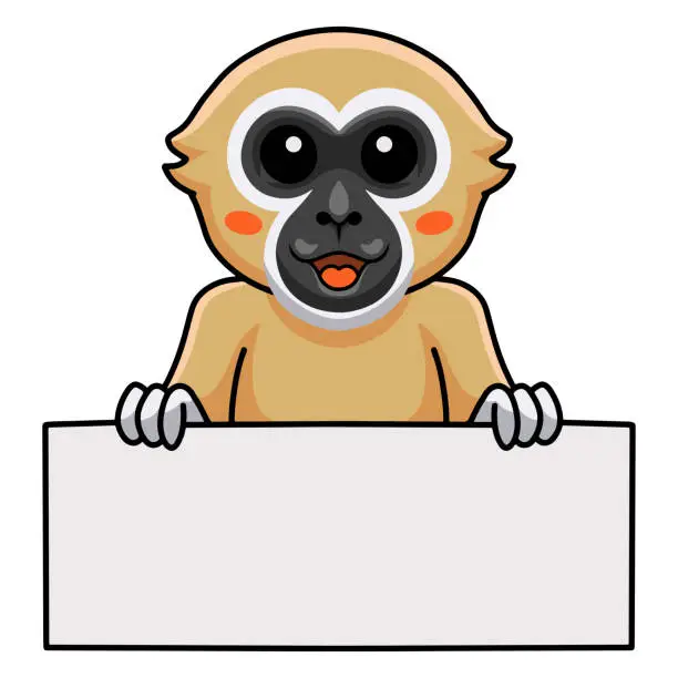 Vector illustration of Cute white handed gibbon monkey cartoon holding blank sign