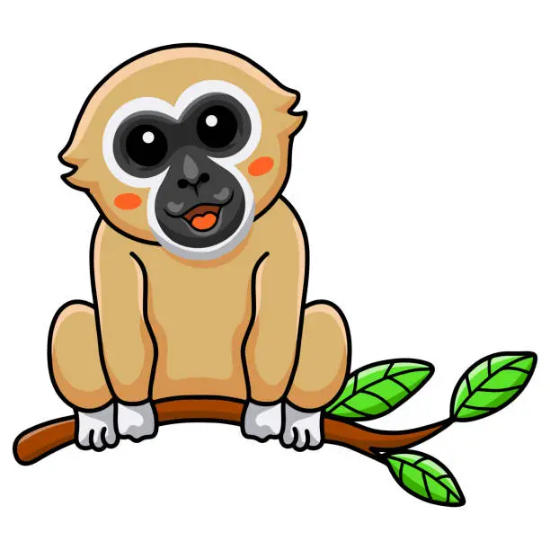 Vector illustration of Cute white handed gibbon monkey cartoon on tree