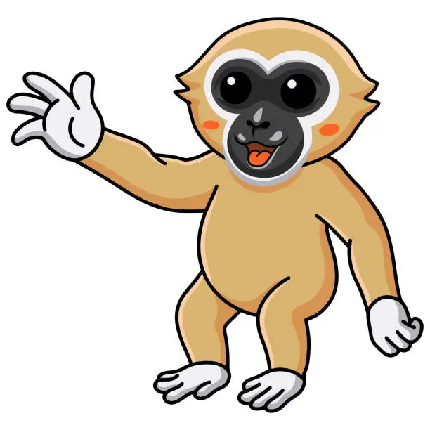 Vector illustration of Cute white handed gibbon monkey cartoon waving hand