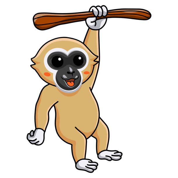 cute white handed gibbon monkey cartoon hanging on tree - hayvan temaları lar stock illustrations