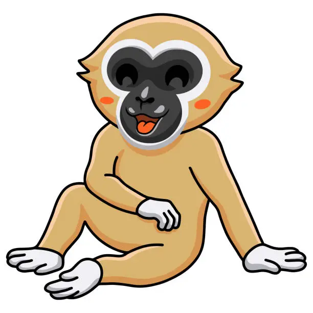 Vector illustration of Cute white handed gibbon monkey cartoon sitting