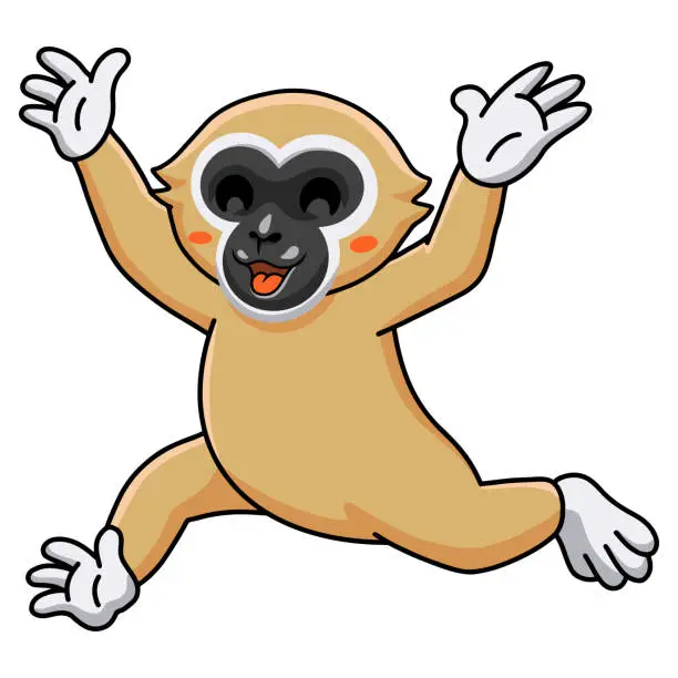 Vector illustration of Cute white handed gibbon monkey cartoon running