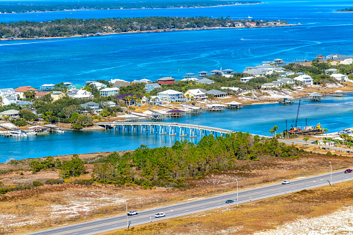 Aerial view of Ono Island in Alabama along the state line bordering Florida's Perdido Key shot from an altitude of about 500 feet during a helicopter photo flight.
