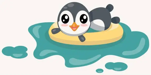 Vector illustration of Penguin in swimming pool with swim ring kawaii cartoon illustration