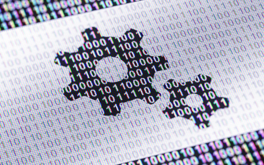 Gear icon in display with binary code ( array of bits ). 3D Illustration.