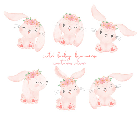 cute adorable pink bunny rabbit with floral crown sitting watercolor collection, animal nursery hand painting illustration vector