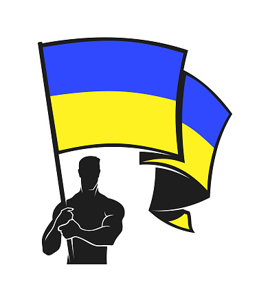 Stylized silhouette of a man, flag bearer holding the Ukrainian flag