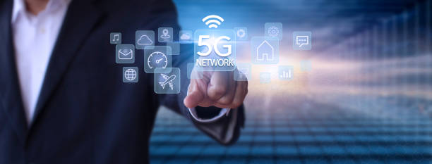 istock Business network communication concept. 5G Network Internet Mobile Wireless. 5g internet connects all activities in your hands shopping, finance, travel, location, contact, etc with copy space banner 1410931129