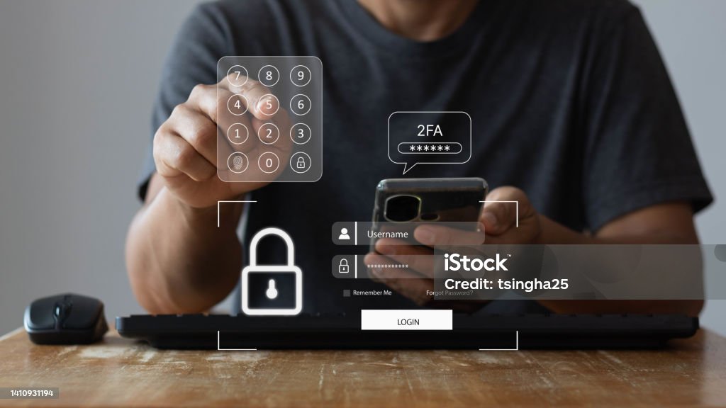 2FA increases the security of your account, Two-Factor Authentication digital screen displaying a 2fa concept, Privacy protect data and cybersecurity. Cyber information security concept. Digital Authentication Stock Photo