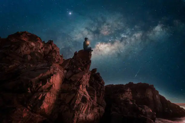 Photo of silhouette of a person meditating on cliff at night with milky way background