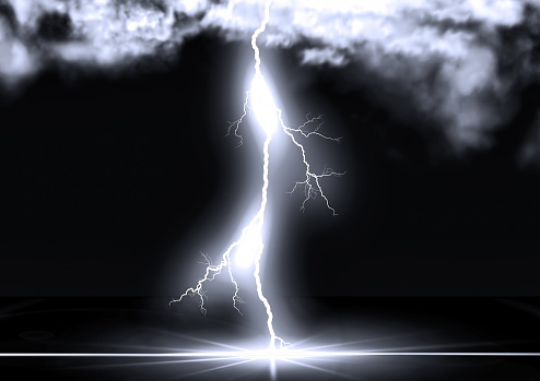 3D illustration of lightning falling on the surface of the sea with the concept of a storm