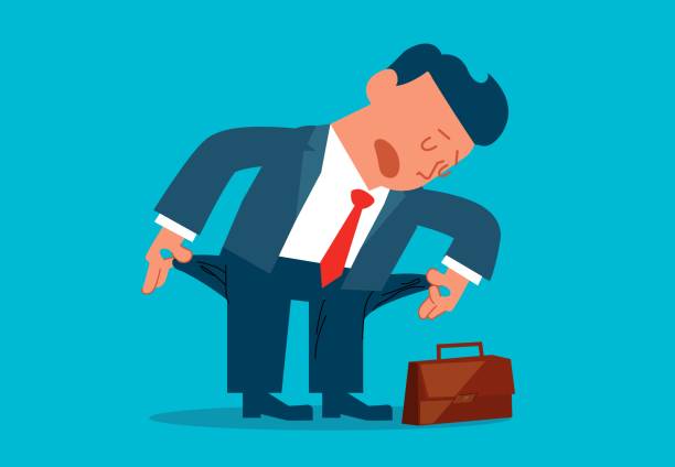 Depressed businessman twisting empty pockets, poverty or frustration, business failure, investment loss concept Depressed businessman twisting empty pockets, poverty or frustration, business failure, investment loss concept cartoon of rich man stock illustrations
