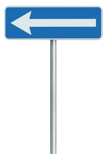 istock Left traffic route only direction turn pointer road sign, blue isolated roadside signage, white arrow icon and frame, grey pole post, large detailed vertical closeup 1410938614