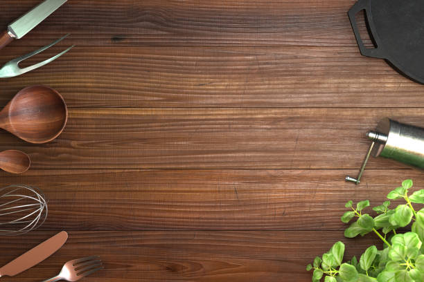 Kitchen utensils on wooden background, Free space for your text