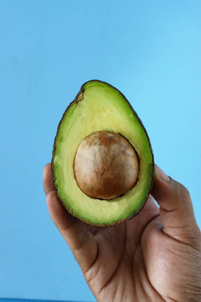 istock Image of halved avocado fruit, unrecognisable person holding up cross section displaying large seed, blue background, focus on foreground 1410939752