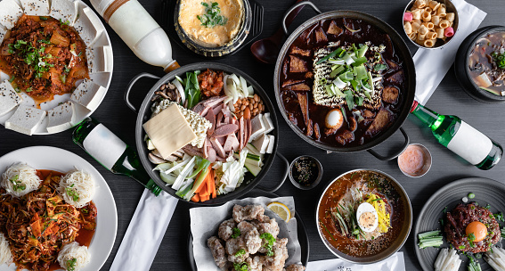 Table top view of South Korean authentic dishes.