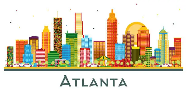 Vector illustration of Atlanta Georgia USA City Skyline with Color Buildings and Blue Sky Isolated on White.