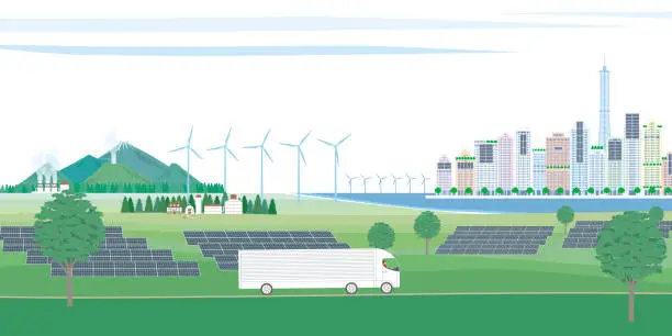 Vector illustration of Landscape with renewable energy power generation from suburbs to cities