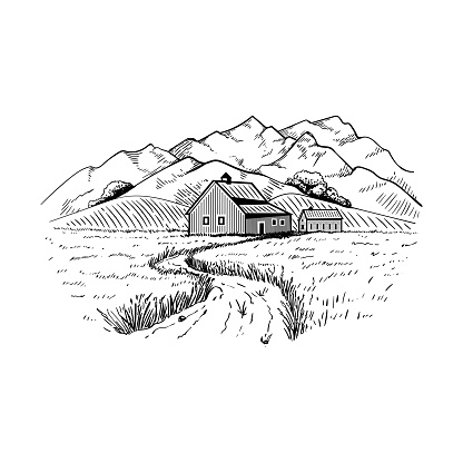 Farmhouse in a field of wheat, rye or barley. Farming engraving, agribusiness and organic products