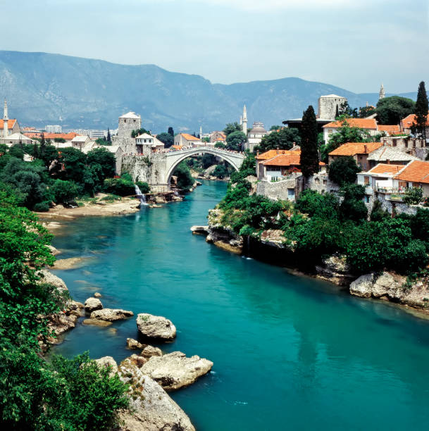 View of river Neretva and Old Bridge. Mostar, Bosnia and Herzegovina