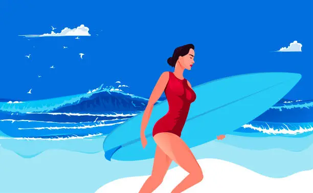 Vector illustration of Sexy Teenage Girl Running Towards The Ocean With Her Surfboards