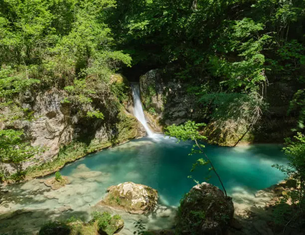 Photo of waterfall on the Urederra river, Urbasa-Andía Natural Park, Navarra, Spain
