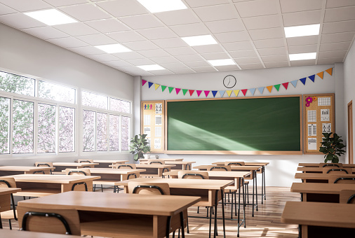 Modern style classroom in the morning 3d render