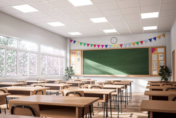 Modern style classroom in the morning 3d render Modern style classroom in the morning 3d render,The rooms have white walls and wooden floor, decorated with wooden tables and chairs, large windows overlooking natural views. classroom stock pictures, royalty-free photos & images