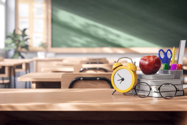Back to school concept with blurry classroom background 3d render stock photo