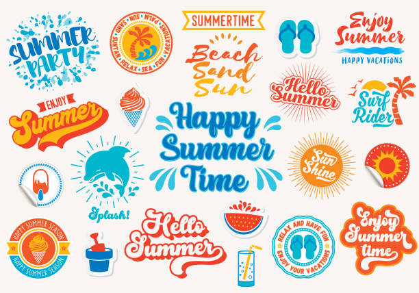Summertime labels and icons collection Vector collection of lettering greetings, labels, stickers, and icons for the  Summer Season. Modern Calligraphy and Handwriting Greetings for the Summertime. summer fun stock illustrations
