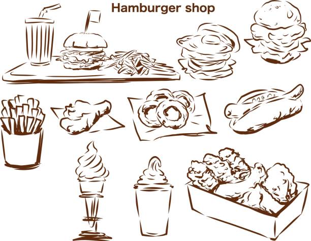 illustrations, cliparts, dessins animés et icônes de contour du menu du magasin de hamburgers - oeuf poché