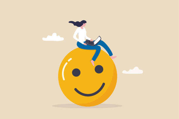 szczęście z pracy lub satysfakcja z pracy, pasja lub przyjemność z pracy w firmie, koncepcja dobrego samopoczucia pracowników, szczęśliwa bizneswoman pracująca z komputerem na uśmiechniętej twarzy. - women cheerful happiness satisfaction stock illustrations