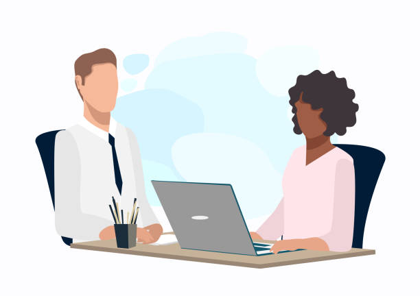 Interview Job interview. A woman is talking to a man in the office. Business vector illustration in flat style. interviewing stock illustrations