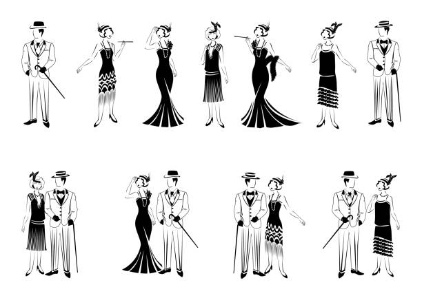 ilustraciones, imágenes clip art, dibujos animados e iconos de stock de personas con ropa retro - 1920