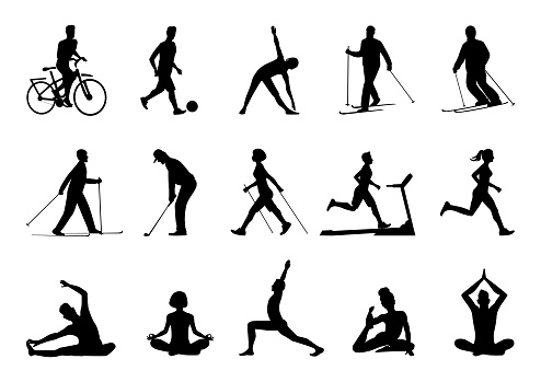 Big vector set of sport people silhouettes. Running, yoga, Nordic walking, golf, football, skiing, gymnastics, fitness. Sports and healthy lifestyle.