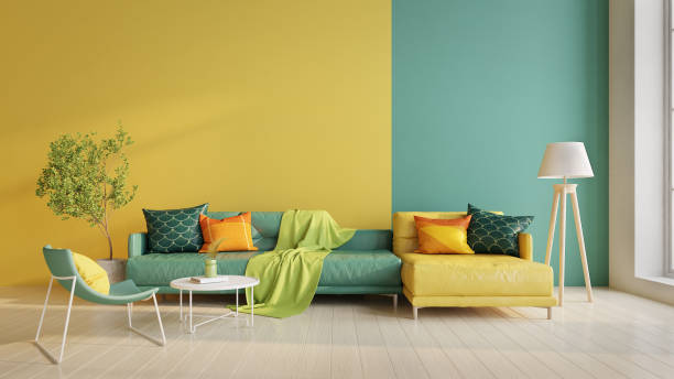 Living room in modern style with sofa,chair on yellow and green wall background.3d rendering stock photo