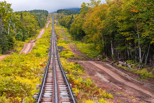 The world's first rack railway. Railroad tracks in the White Mountains of New Hampshire to the summit of Mount Washington.