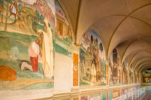 Frescoes in the cloister of the Abbey of Monte Oliveto Maggiore, made by Luca Signorelli and Antonio Bazzi, known as Il Sodoma, between the end of the 1400s and the beginning of the 1500s