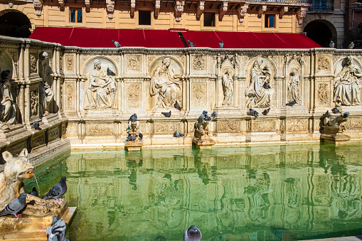The 14th-century Fonte Gaia, a monumental fountain located in the Piazza del Campo in Siena