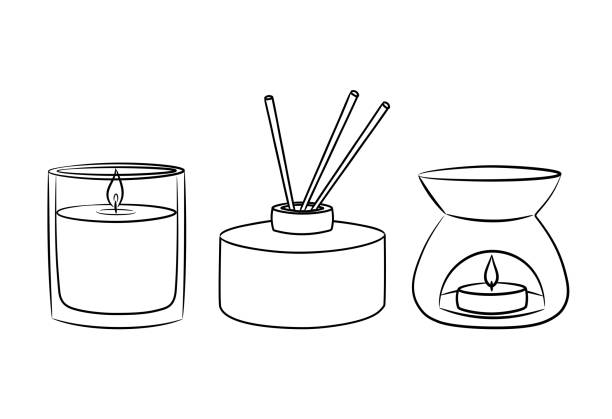 Набор предметов для аромата A set of fragrance items in the house painted sketch style. A selection of accessories for the interior. Scented candles, diffuser. Isolated vector illustration. meditation room stock illustrations