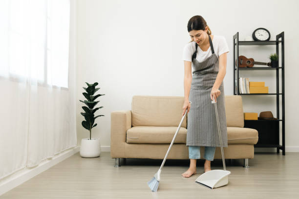 femme au foyer utilisant un balai et une casserole portant un tablier pour nettoyer le salon de l’appartement. la jeune femme est heureuse de nettoyer la maison. service de ménage. - dustpan brush photos et images de collection