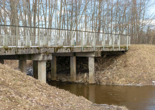 istock concrete bridge, early spring, bare trees, snow plan on the ground, Kuja river, Madona, Latvia 1410957707
