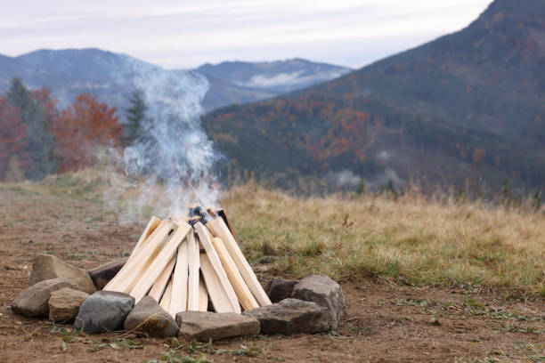 istock Bonfire with smoldering firewood in mountains. Camping season 1410960096