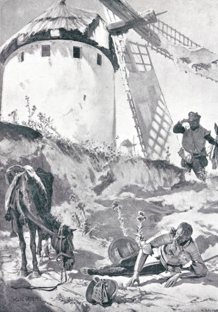 don quixote fighting the windmill - sancho stock illustrations