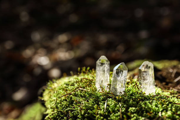 istock Clear quartz crystals on green moss in forest. Space for text 1410962206