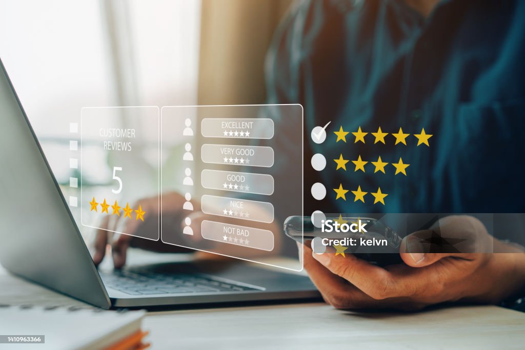 User give rating 5 star to service experience on online application. Customer review satisfaction feedback survey concept, User give rating 5 star to service experience on online application Rating Stock Photo